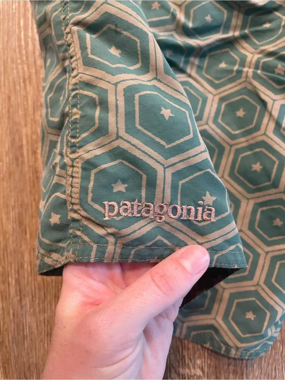 Patagonia Teal Hexagon Pattern Swim Board Shorts men’s waist 30